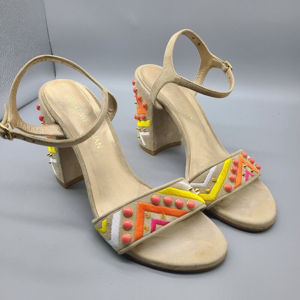 Stuart Weitzman Both Sandal chunky Heel Ankle Straps beige embellished Sz 8 - Picture 2 of 9